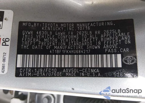 2017 Toyota Camry Le from USA, damaged, VIN 4T1BF1FK4HU684217